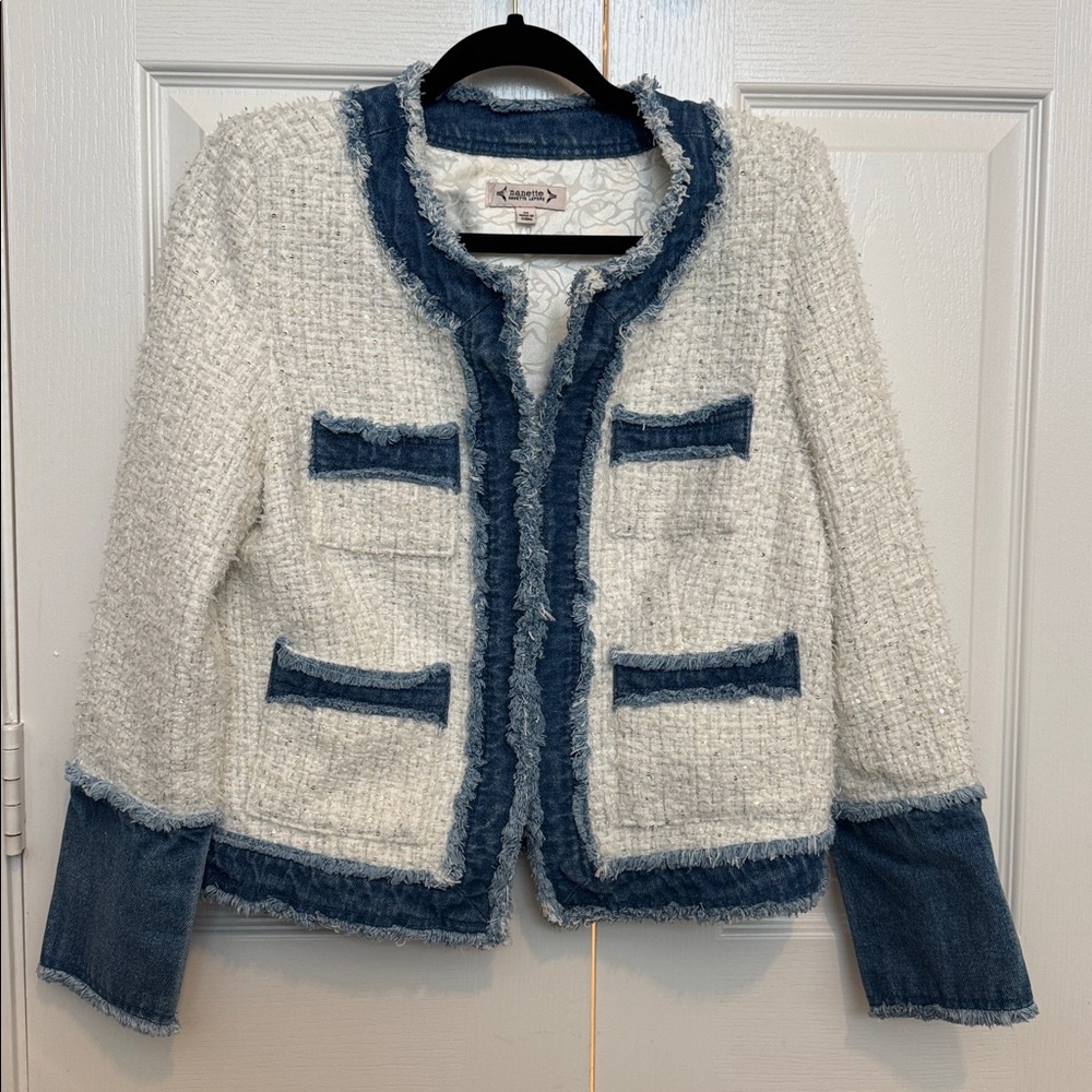 Nanette Lepore White Boucle and Denim Jacket
